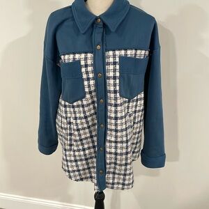 Blue and white button up shirt/jacket size L